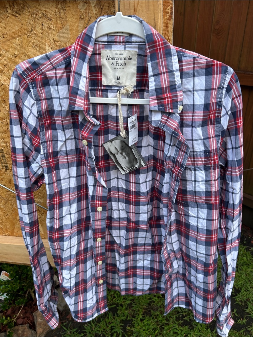 Abercrombie & Fitch Red, Blue and White Plaid Button-Down Shirt